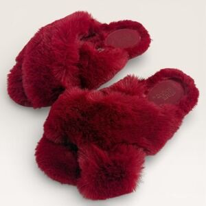 Stars Above Red Faux Fur Slip On House Slippers Open Toe Slide Size 5/6